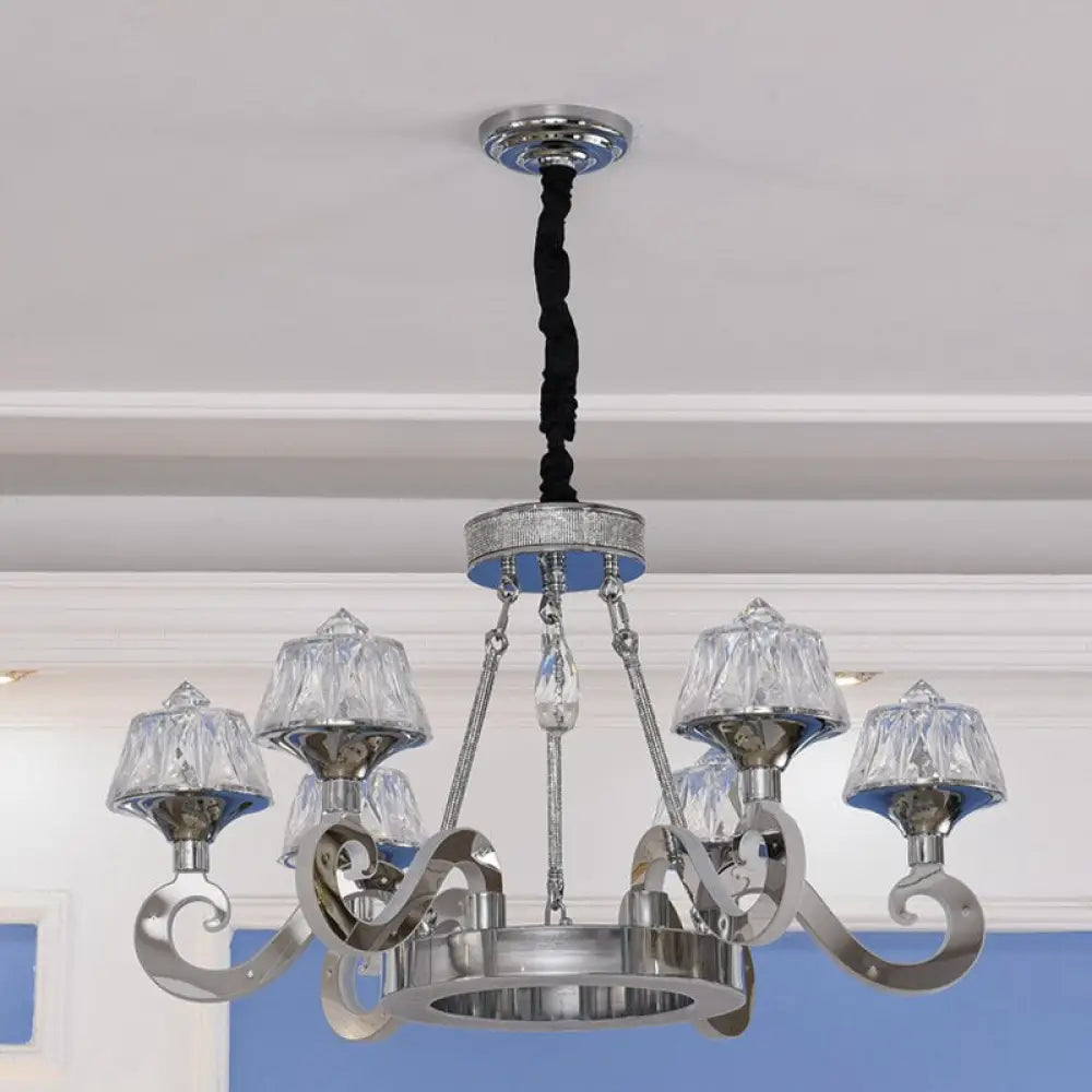 Contemporary Scrolled Arm Ceiling Light With Clear Crystal Block 6-Bulb Chandelier In Chrome Finish