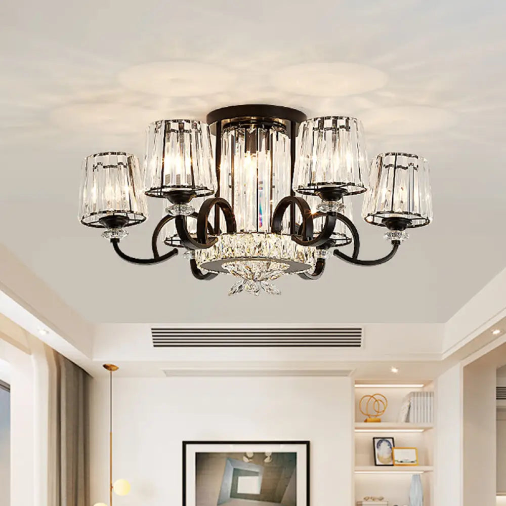Contemporary Semi Flush Mount Ceiling Light With Clear Crystal Barrel Shade - 8 Heads Black