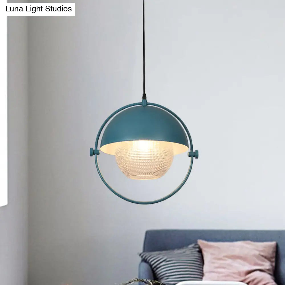 Blue/Gold Semicircle Pendant Light Kit With Clear Latticed Glass Shade. Blue