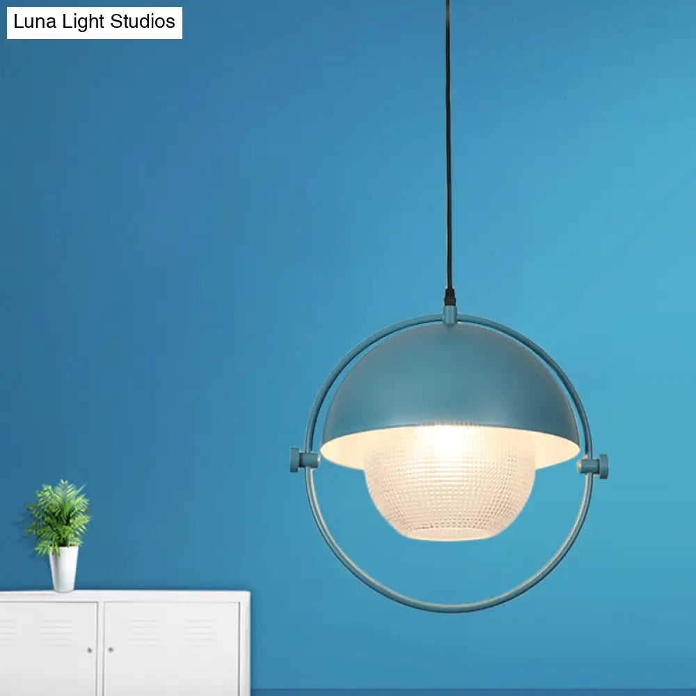 Blue/Gold Semicircle Pendant Light Kit With Clear Latticed Glass Shade.