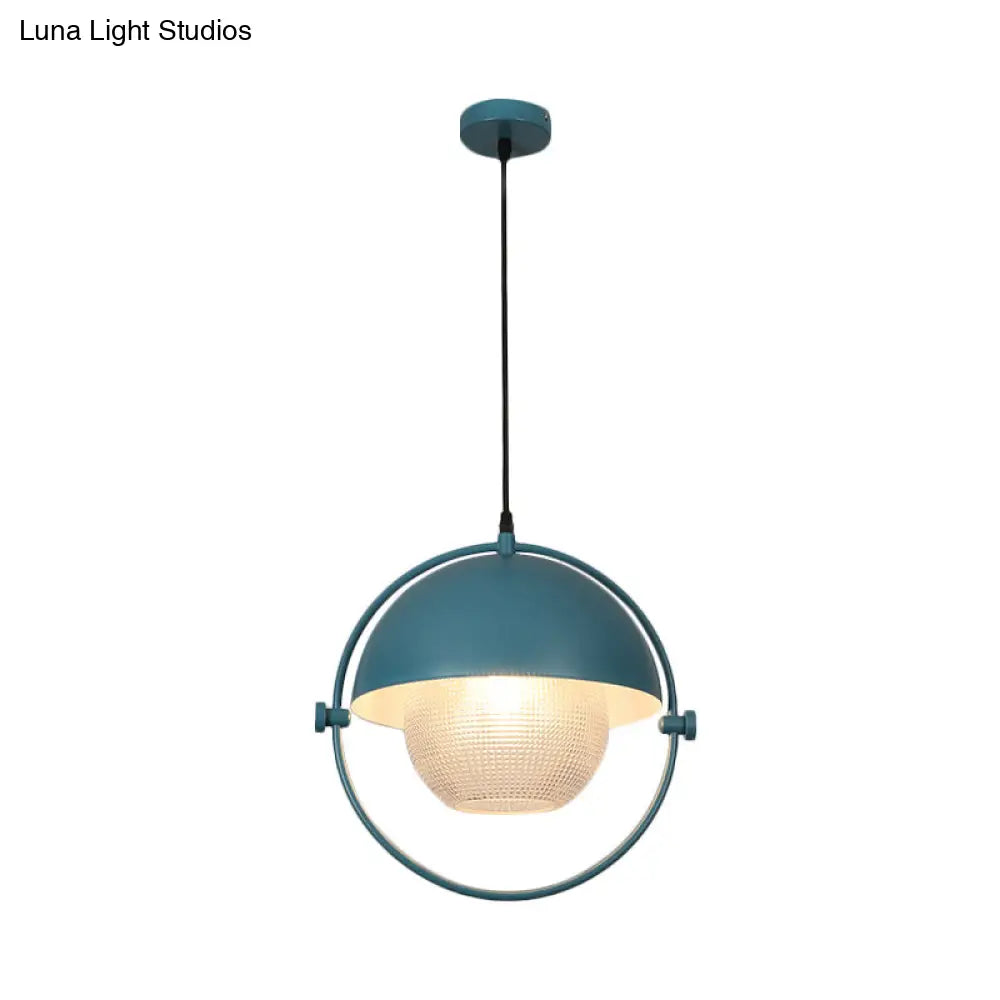 Blue/Gold Semicircle Pendant Light Kit With Clear Latticed Glass Shade.