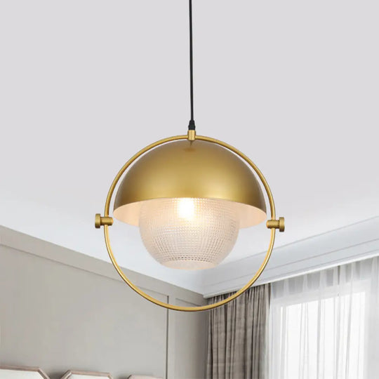 Contemporary Semicircle Pendant Light Kit With 1 Bulb Blue/Gold Metal Finish And Clear Latticed