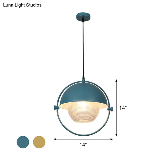 Contemporary Semicircle Pendant Light Kit With 1 Bulb Blue/Gold Metal Finish And Clear Latticed