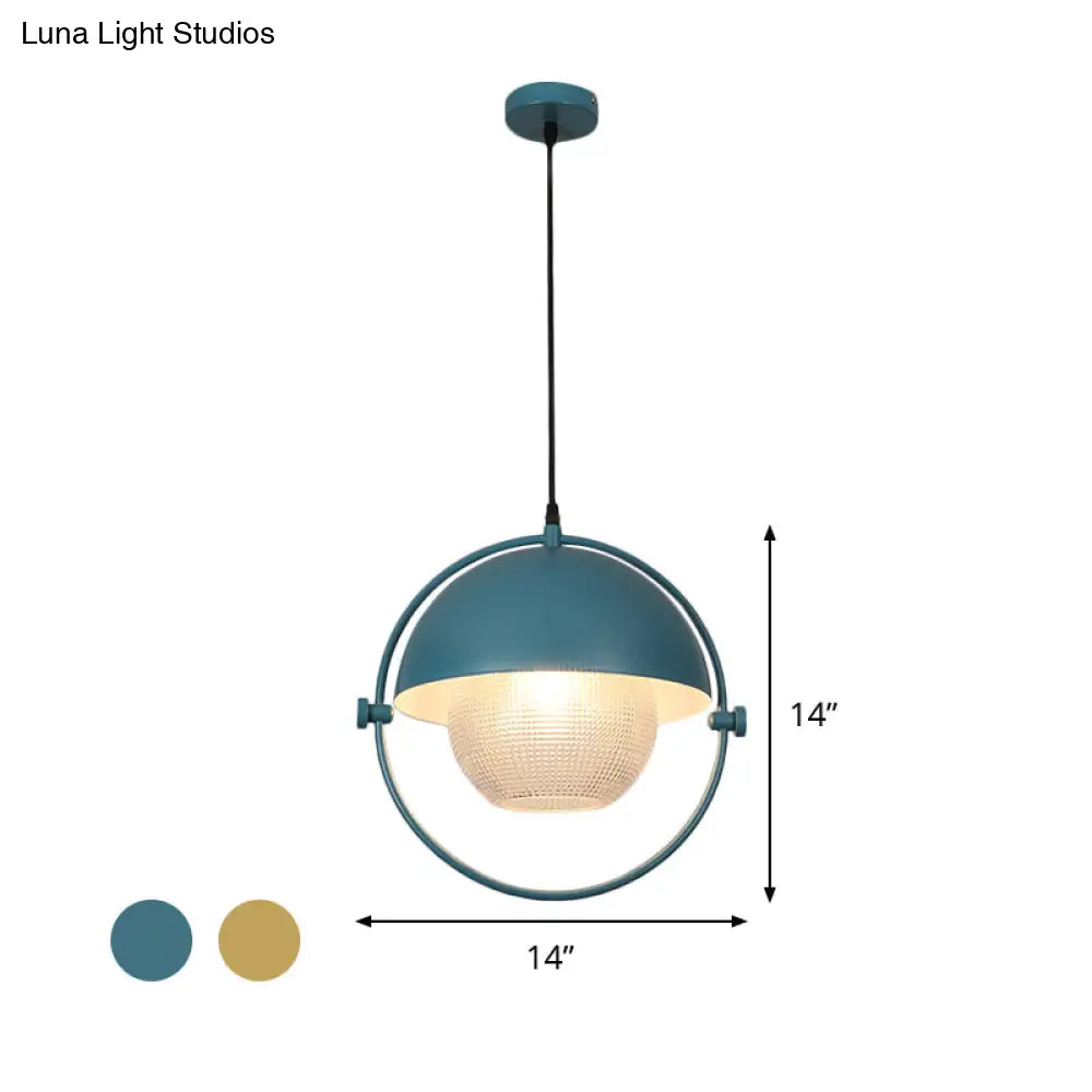 Blue/Gold Semicircle Pendant Light Kit With Clear Latticed Glass Shade.