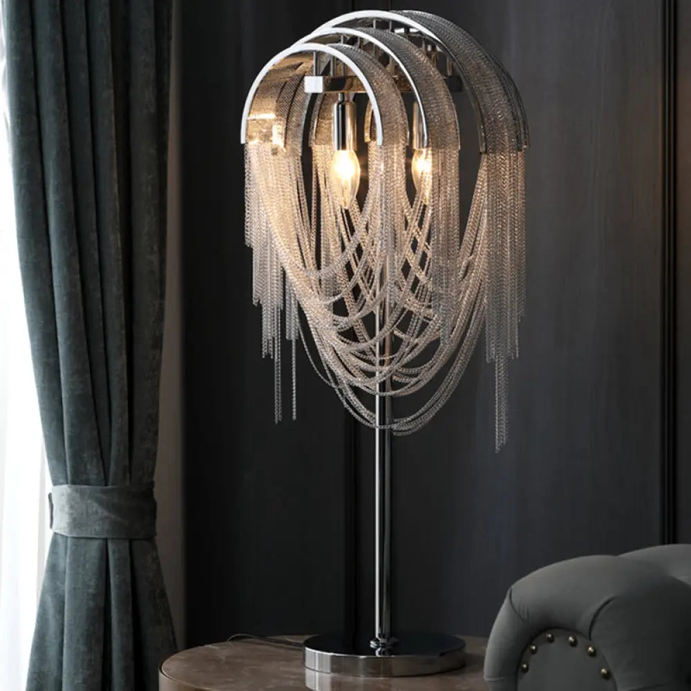 Contemporary Silver Draped Chains Nightstand Light: Aluminum 2-Head Table Lamp For Living Room