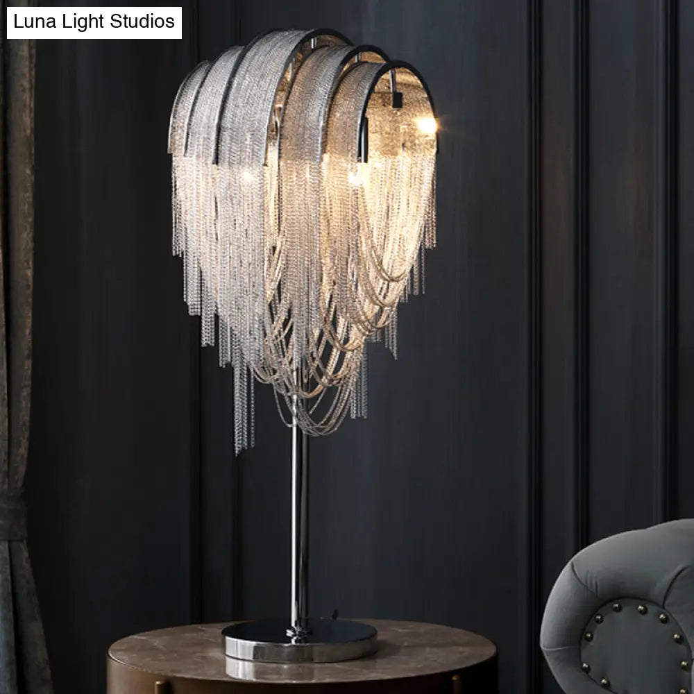 Contemporary Silver Draped Chains Nightstand Light: Aluminum 2-Head Table Lamp For Living Room