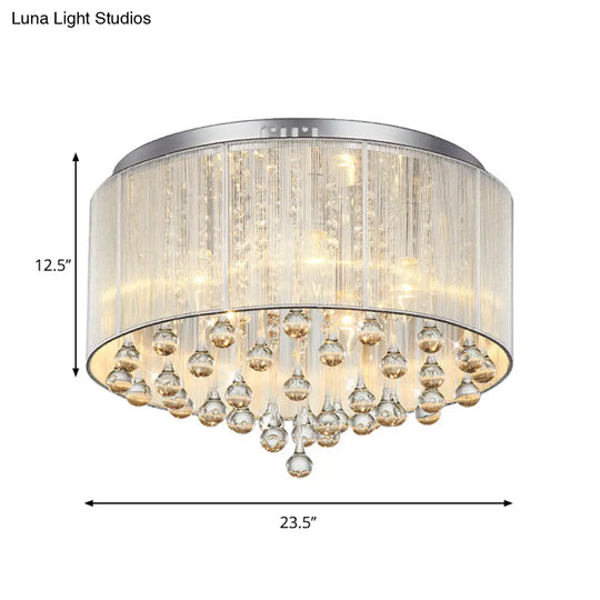 Contemporary Silver Flush Mount Drum Light With 6 - Light Crystal Fixture For Bedrooms
