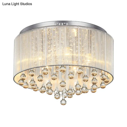 Contemporary Silver Flush Mount Drum Light With 6-Light Crystal Fixture For Bedrooms