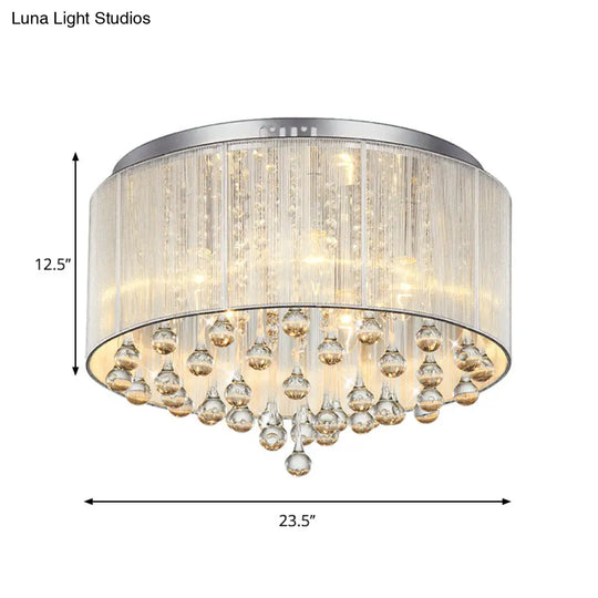 Contemporary Silver Flush Mount Drum Light With 6-Light Crystal Fixture For Bedrooms