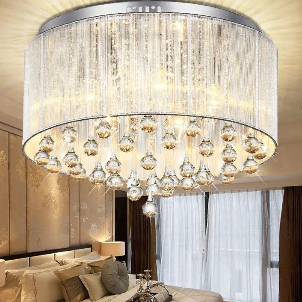 Contemporary Silver Flush Mount Drum Light With 6 - Light Crystal Fixture For Bedrooms