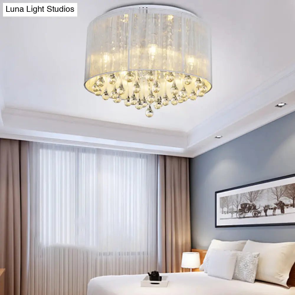 Contemporary Silver Flush Mount Drum Light With 6 - Light Crystal Fixture For Bedrooms