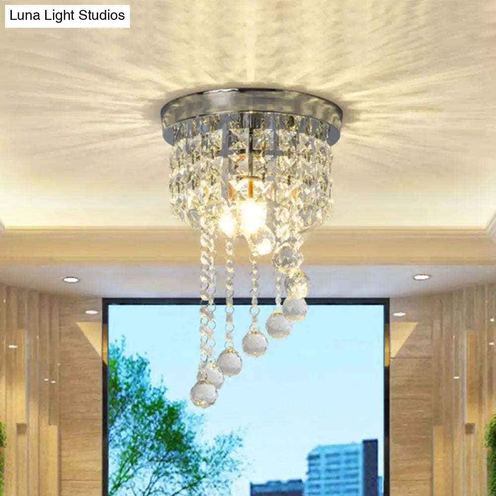 Contemporary Silver Round Crystal Flush Mount Ceiling Light - 1-Light For Living Room