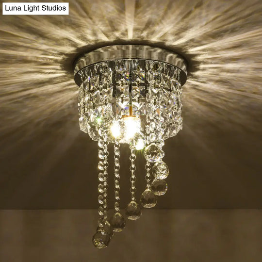 Contemporary Silver Round Crystal Flush Mount Ceiling Light - 1 - Light For Living Room