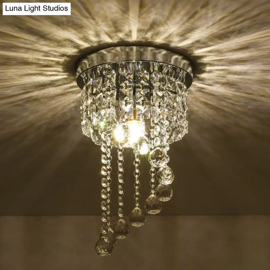 Contemporary Silver Round Crystal Flush Mount Ceiling Light - 1-Light For Living Room