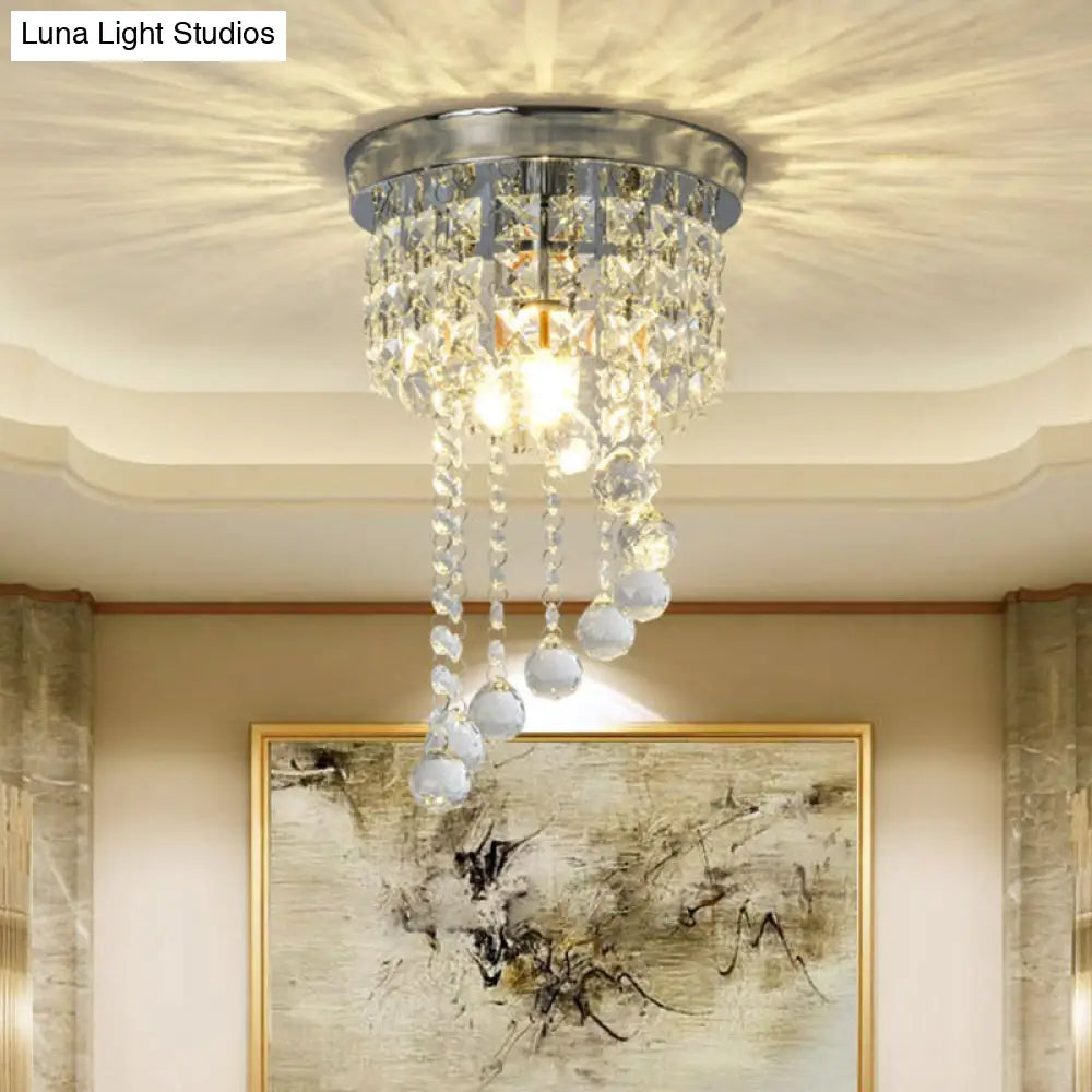 Contemporary Silver Round Crystal Flush Mount Ceiling Light - 1-Light For Living Room