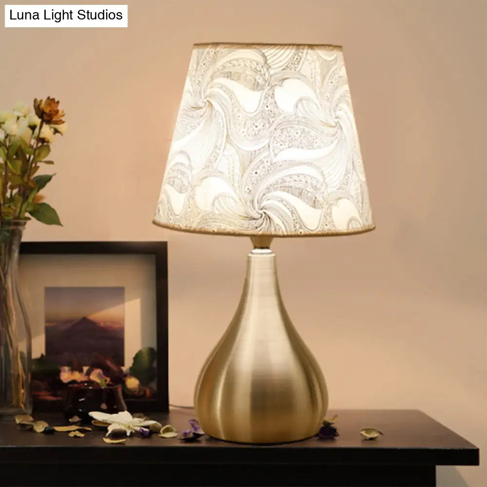 Contemporary Silver Table Lamp With Empire Shade Print Fabric - 1-Light Nightstand Light