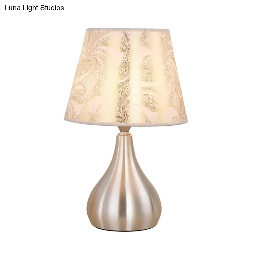 Contemporary Silver Table Lamp With Empire Shade Print Fabric - 1-Light Nightstand Light