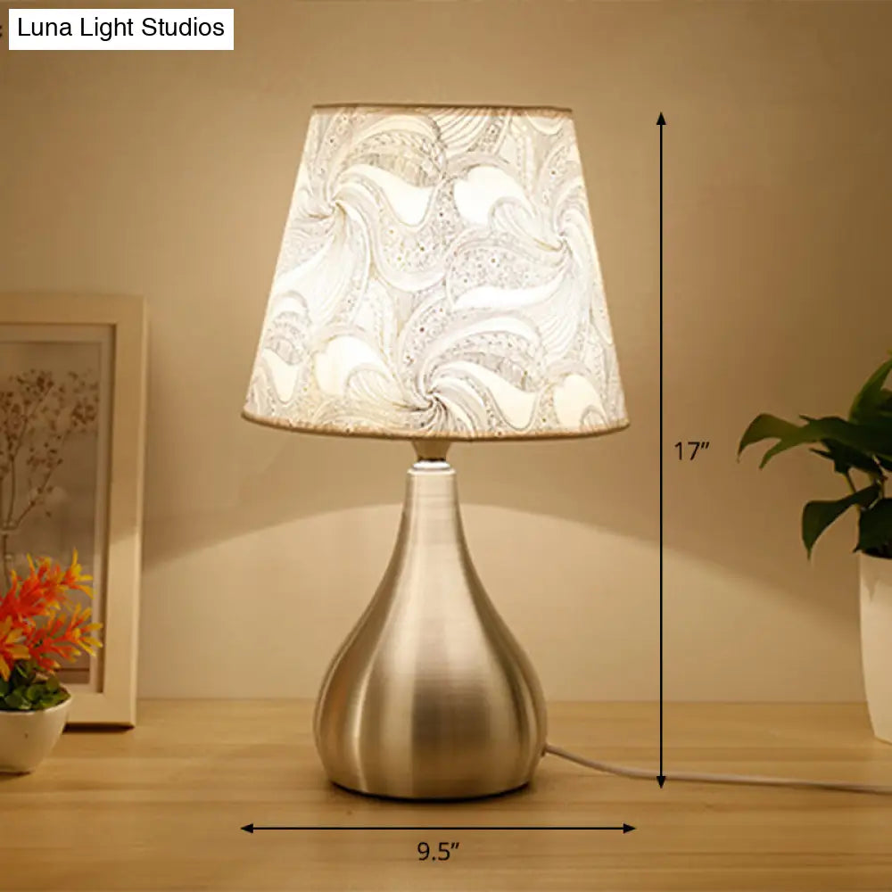 Contemporary Silver Table Lamp With Empire Shade Print Fabric - 1-Light Nightstand Light