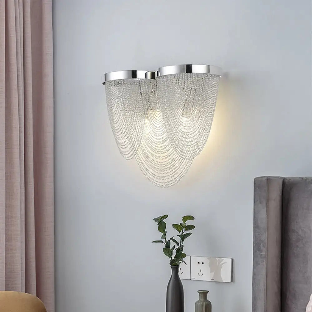 Contemporary Silver Tassels Living Room Metal Sconce - 2-Light Led Wall Lamp Fixture