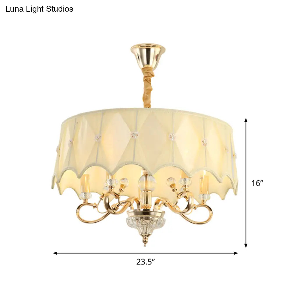 Contemporary Smocked Pleated Shade Chandelier Light 5-Bulb Pendant In Beige Fabric & Gold