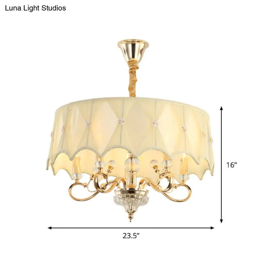 Contemporary Smocked Pleated Shade Chandelier Light 5-Bulb Pendant In Beige Fabric & Gold