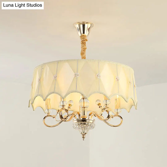 Contemporary Smocked Pleated Shade Chandelier Light 5-Bulb Pendant In Beige Fabric & Gold