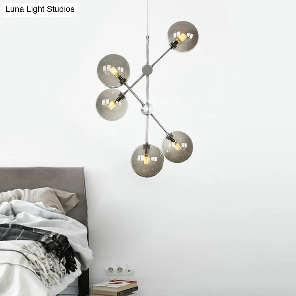 Contemporary Smoke Glass Ball Pendant Chandelier - 5 Bulb Hanging Ceiling Light For Bedroom Gray