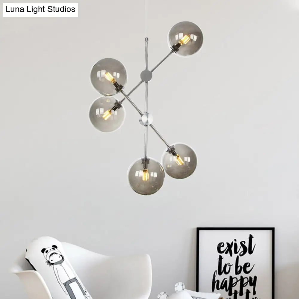 Contemporary Smoke Glass Ball Pendant Chandelier - 5 Bulbs Ceiling Light For Bedroom