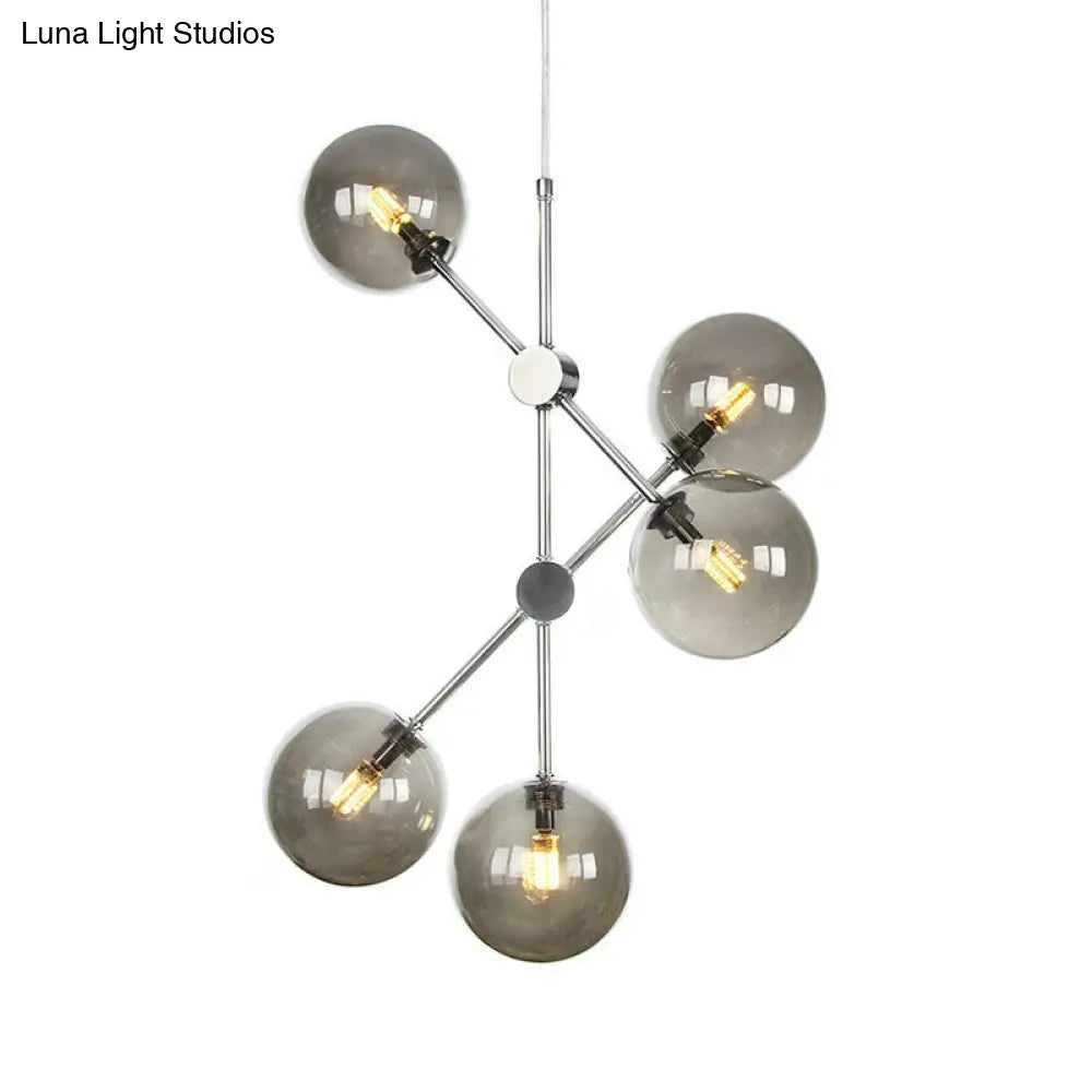 Contemporary Smoke Glass Ball Pendant Chandelier - 5 Bulbs Ceiling Light For Bedroom