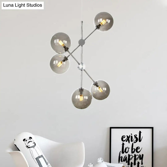 Contemporary Smoke Glass Ball Pendant Chandelier - 5 Bulb Hanging Ceiling Light For Bedroom