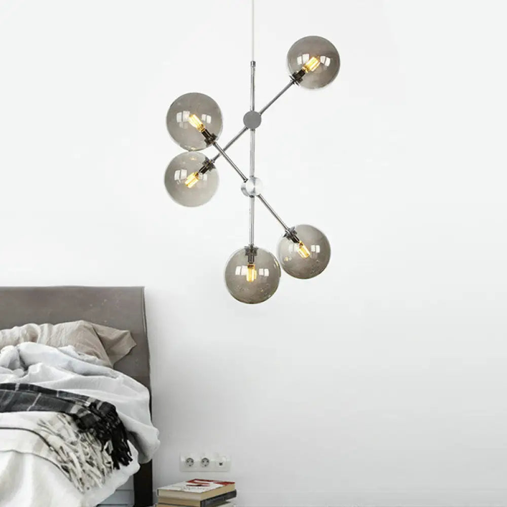 Contemporary Smoke Glass Ball Pendant Chandelier - 5 Bulbs Ceiling Light For Bedroom Gray