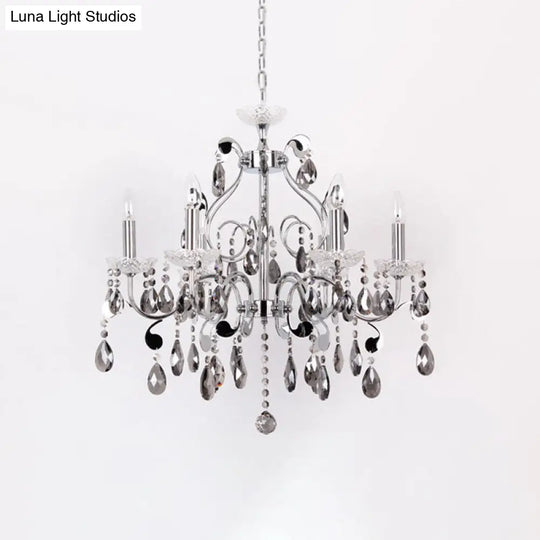 Contemporary Smoke Grey Crystal Chandelier - Elegant 6 Light Candle-Style Suspension Lamp For Dining