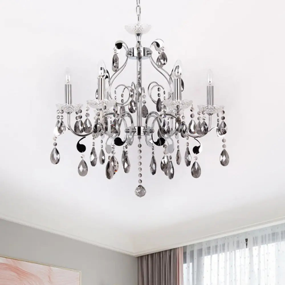 Contemporary Smoke Grey Crystal Chandelier - Elegant 6 Light Candle-Style Suspension Lamp For Dining