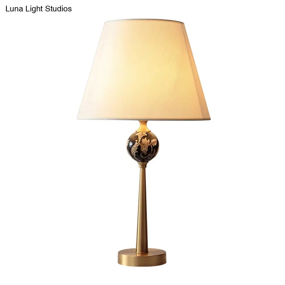 Contemporary Sphere Patterned Ceramic Table Light With Bronze Nightstand Lamp And Fabric Shade