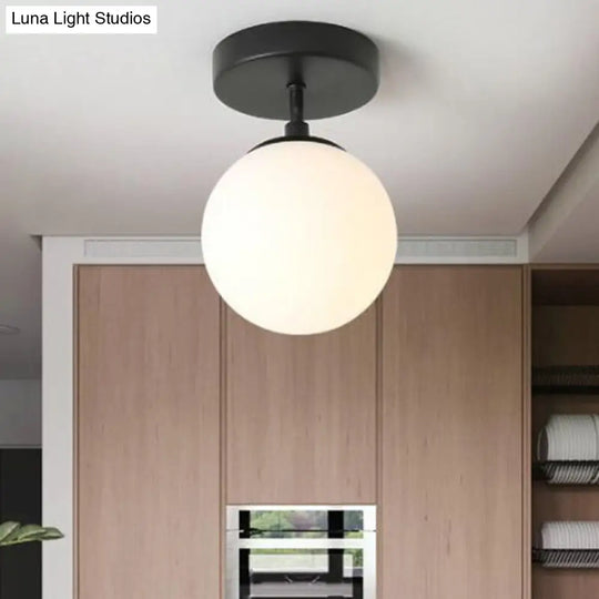 Contemporary Sphere Semi Flush Chandelier - 1 Light Frosted Glass Ceiling Fixture For Hallway Black