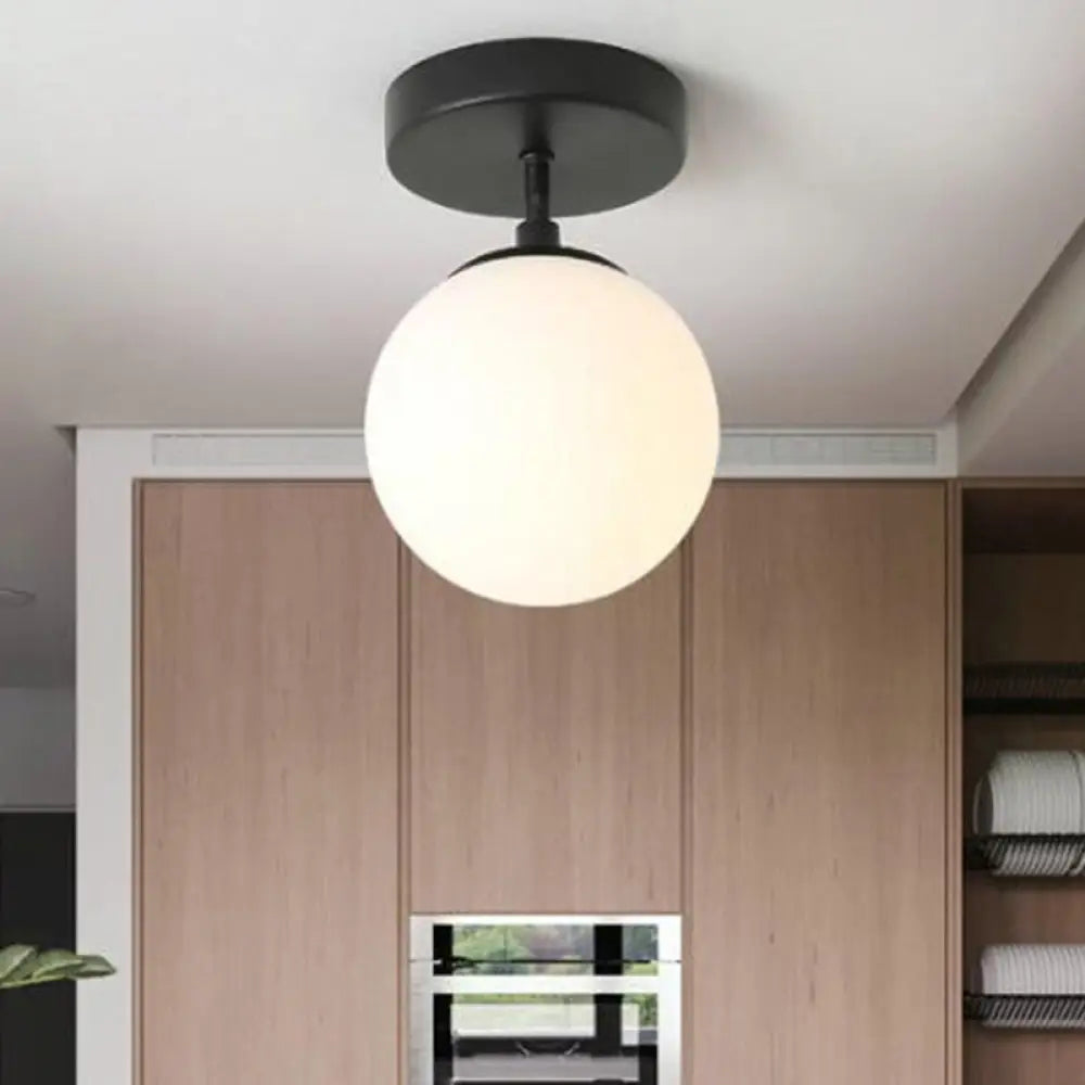 Contemporary Sphere Semi Flush Chandelier - 1 Light Frosted Glass Ceiling Fixture For Hallway Black