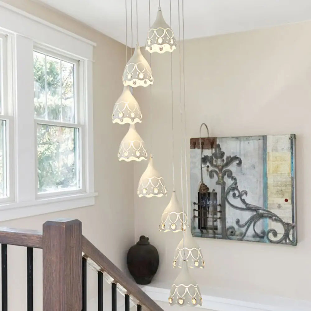 Contemporary Spiral Ceiling Light: Hollow Carved Design 8 Lights White