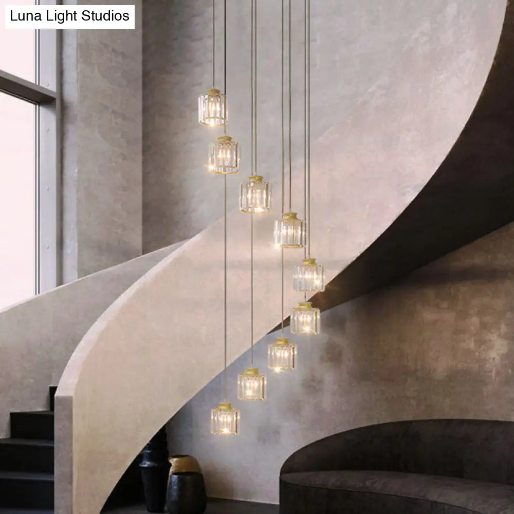 Contemporary Spiral Cylinder Crystal Ceiling Lamp: Stairwell Suspension Fixture