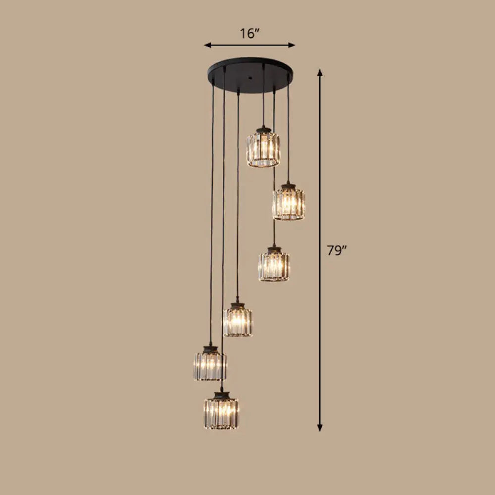 Contemporary Spiral Cylinder Crystal Ceiling Lamp: Stairwell Suspension Fixture 6 / Black Warm