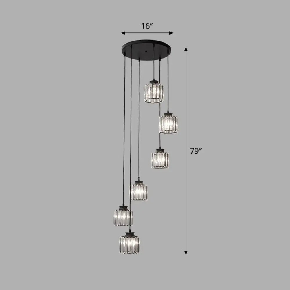 Contemporary Spiral Cylinder Crystal Ceiling Lamp: Stairwell Suspension Fixture 6 / Black White