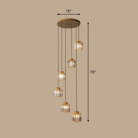 Contemporary Spiral Cylinder Crystal Ceiling Lamp: Stairwell Suspension Fixture 6 / Gold Third Gear