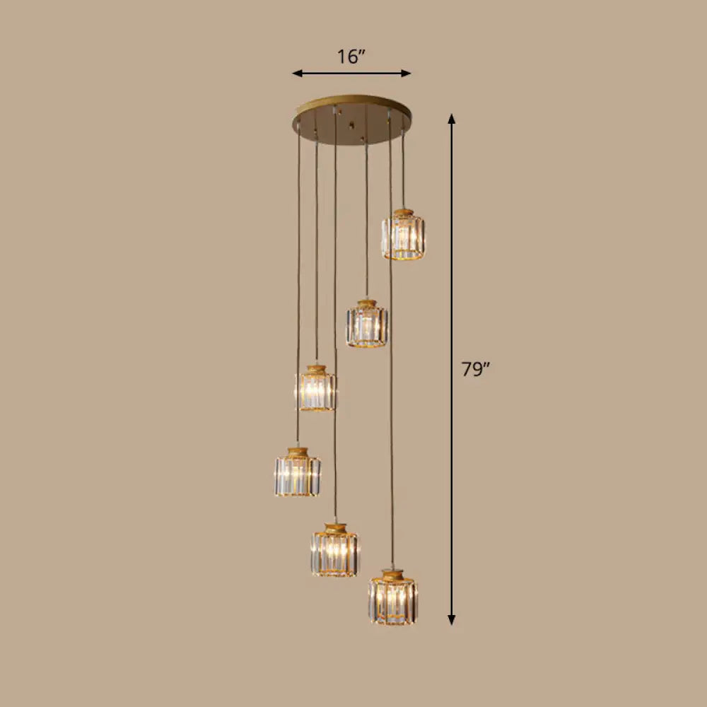 Contemporary Spiral Cylinder Crystal Ceiling Lamp: Stairwell Suspension Fixture 6 / Gold Warm