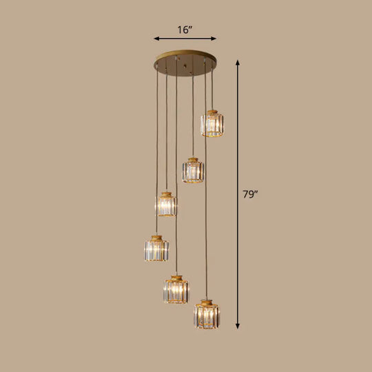 Contemporary Spiral Cylinder Crystal Ceiling Lamp: Stairwell Suspension Fixture 6 / Gold Warm