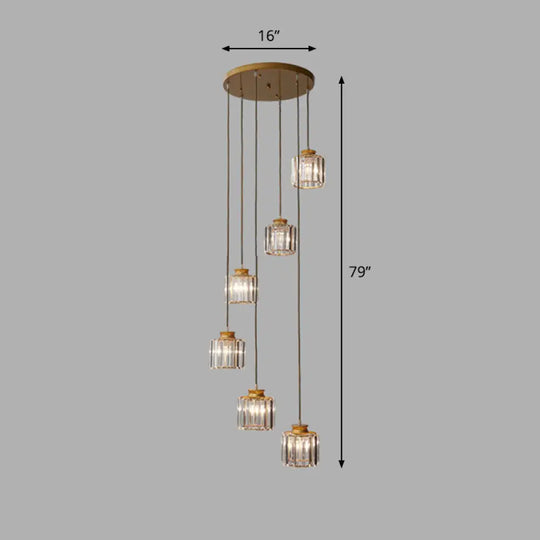 Contemporary Spiral Cylinder Crystal Ceiling Lamp: Stairwell Suspension Fixture 6 / Gold White