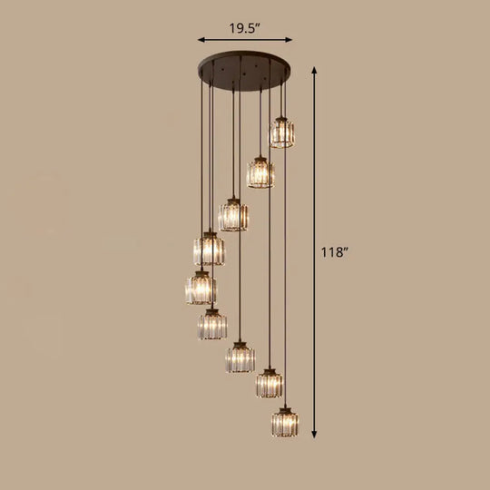 Contemporary Spiral Cylinder Crystal Ceiling Lamp: Stairwell Suspension Fixture 9 / Black Warm