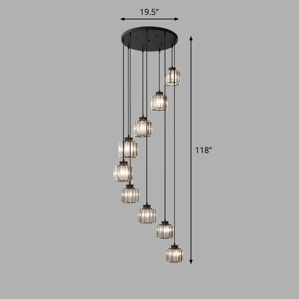 Contemporary Spiral Cylinder Crystal Ceiling Lamp: Stairwell Suspension Fixture 9 / Black White