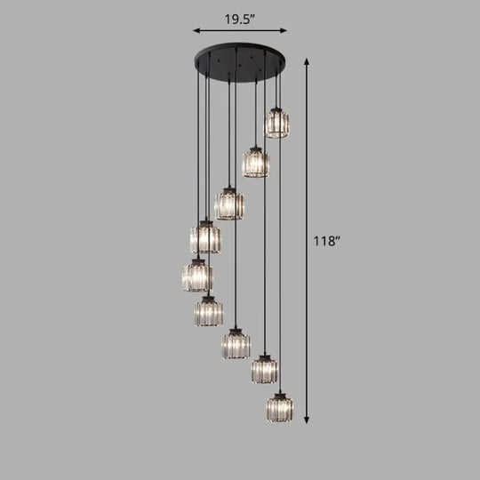 Contemporary Spiral Cylinder Crystal Ceiling Lamp: Stairwell Suspension Fixture 9 / Black White