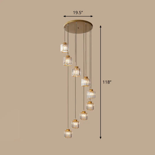 Contemporary Spiral Cylinder Crystal Ceiling Lamp: Stairwell Suspension Fixture 9 / Gold Third Gear