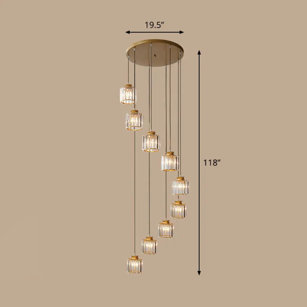 Contemporary Spiral Cylinder Crystal Ceiling Lamp: Stairwell Suspension Fixture 9 / Gold Warm