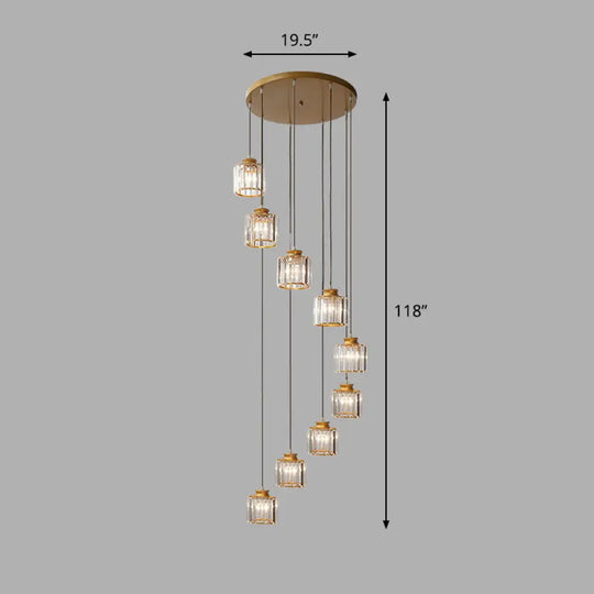 Contemporary Spiral Cylinder Crystal Ceiling Lamp: Stairwell Suspension Fixture 9 / Gold White